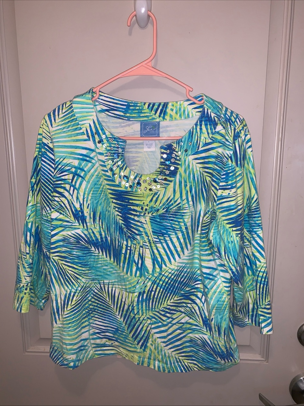 Laura Lane Women’s Tropical Beaded Blouse Size L Resortwear Cruisewear